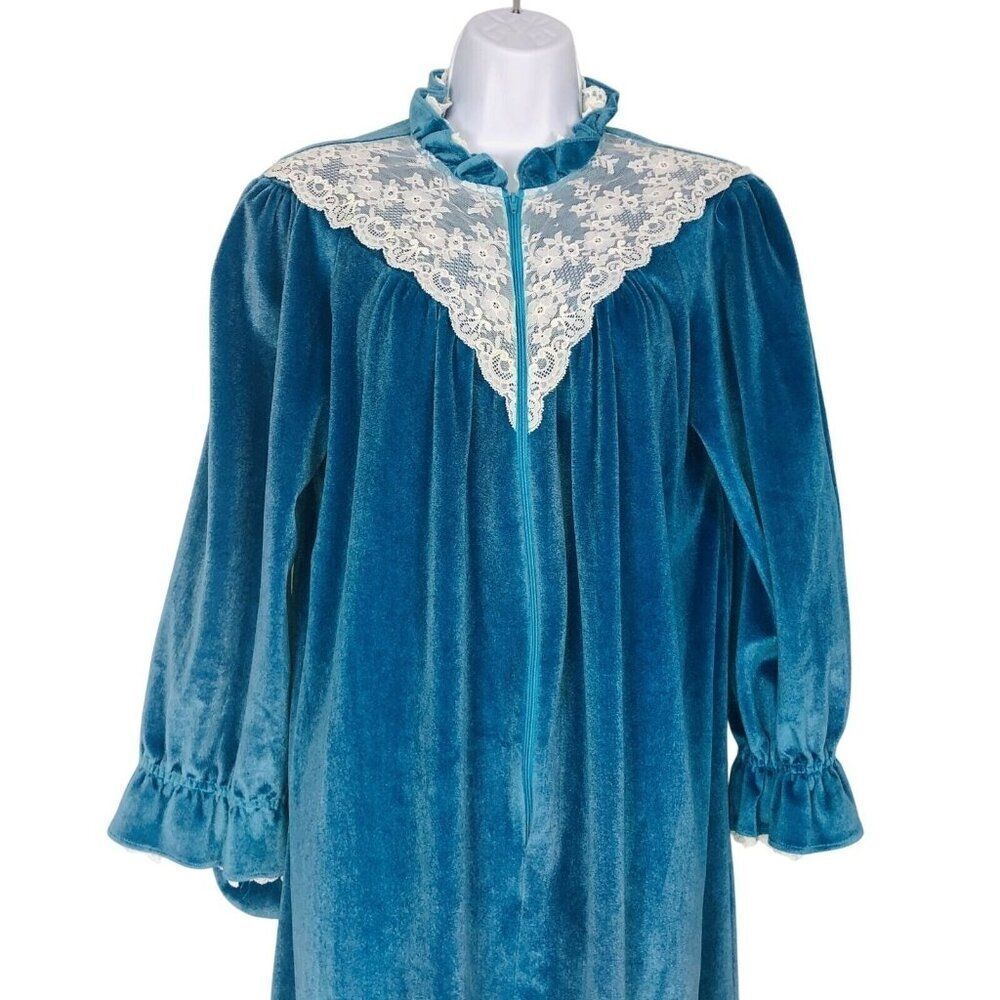 Vintage JC Penny Womens M Robe Teal Blue Velour Zip Up Housecoat Pockets